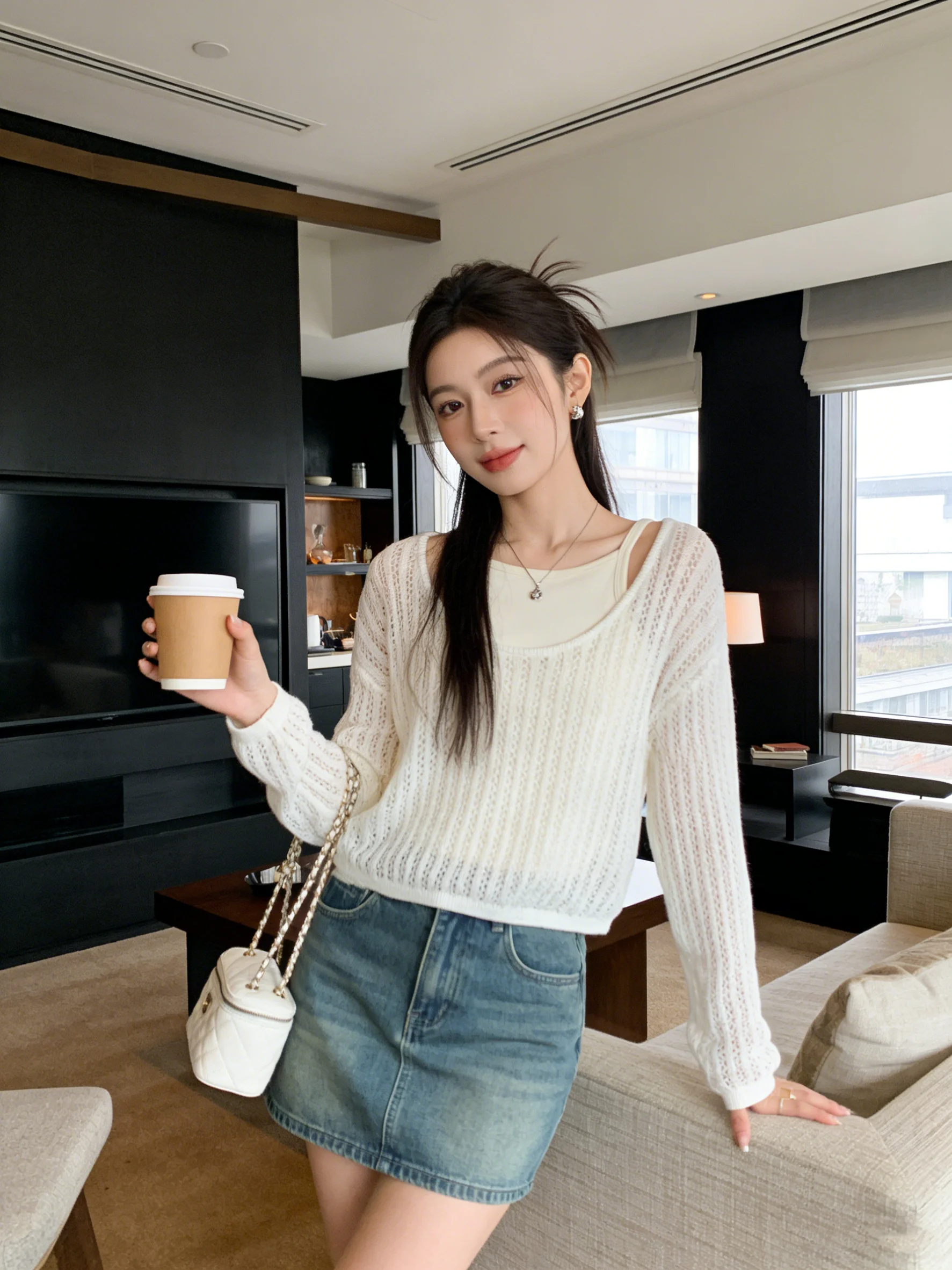 

Вязаный комплект из топа и брюк для похудения, с защитой от солнца, ажурный, повседневный, модный, для ранней весны, женский комплект из двух предметов