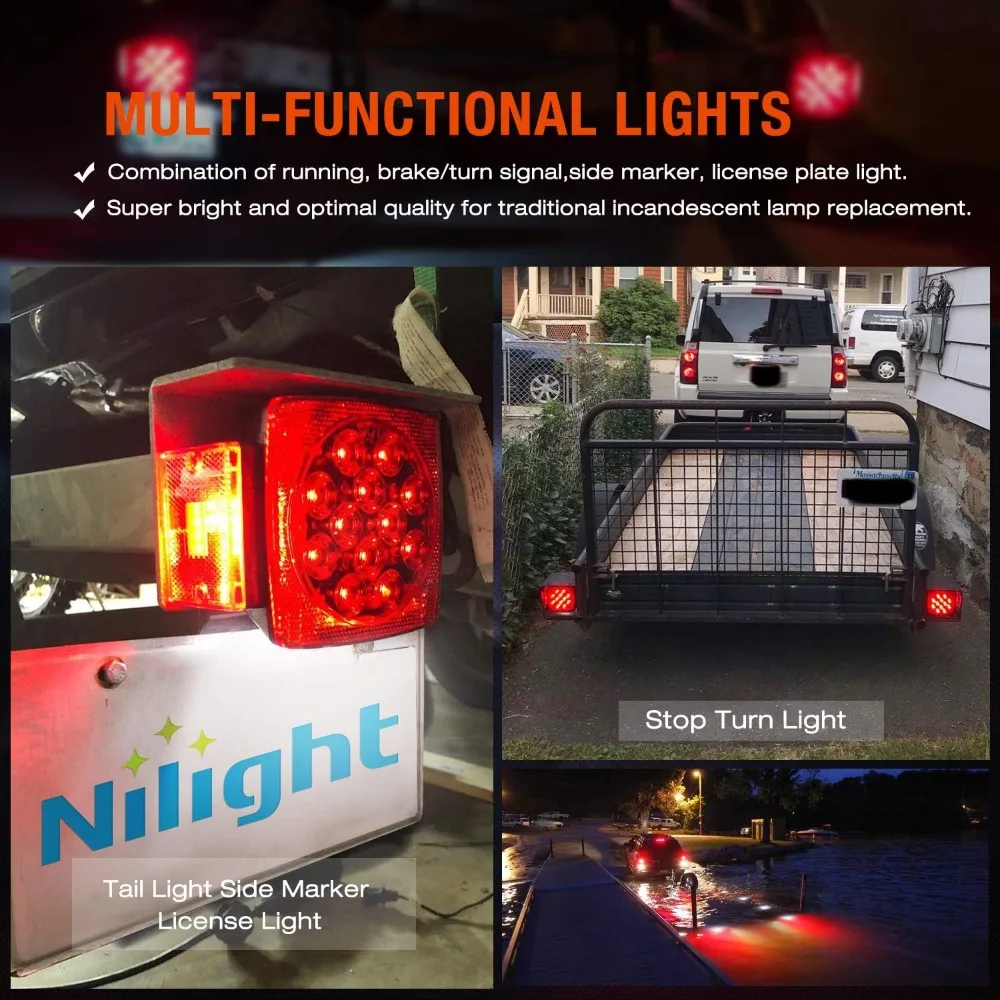 Nilight 2PCS Square LED Trailer Light Kit Low Profile Stop Turn Tail Side Marker License Lamps for Utility Boat Camper RV Trucks
