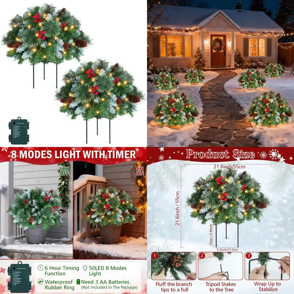 

2-Piece Illuminated Flocked Pine Trees for Urn Filler, Outdoor Christmas Decor with 50 LED Lights, Weather-Resistant for Patios