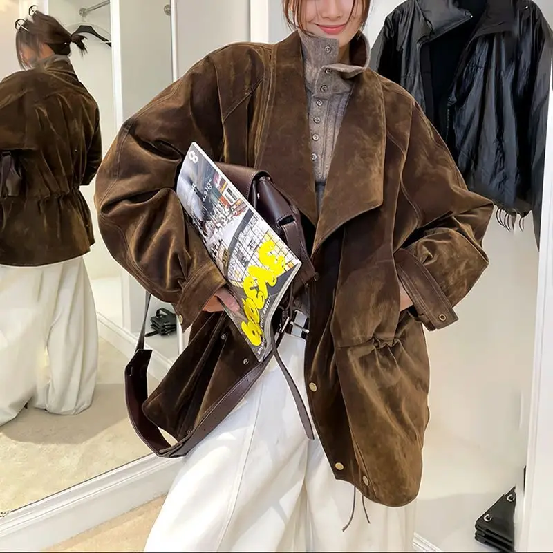 

Coffee Color Versatile Denim Fashionable Suit Women's New Style Lapel Waist Clip Cotton Jacket