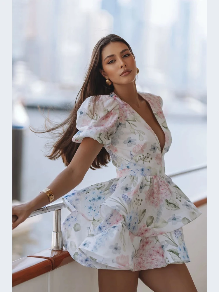 Customized Elegant Floral Print Puff Sleeves Deep V Neck Tiered Ruffle White Mini Dress 2026 New A-line Women Cocktail Dresses