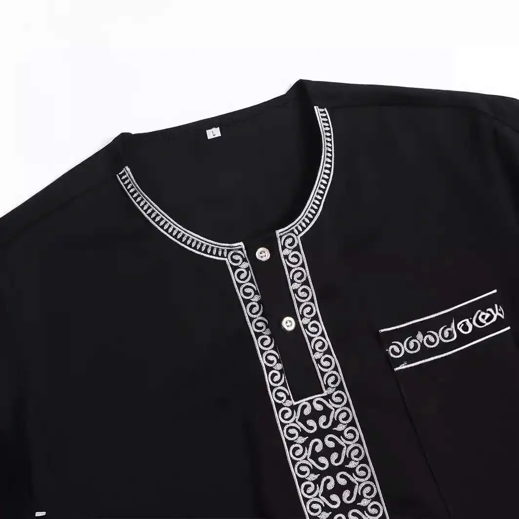 Árabe 2024 novo masculino muçulmano robe robe médio manga longa bordado preto