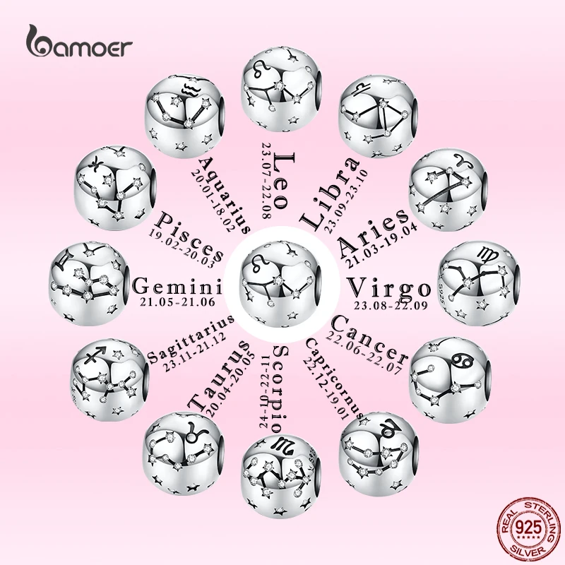 

Bamoer 100% 925 Sterling Silver Vintage Twelve Constellations Leo Aries Zodiac Beads Charms Fit Original DIY Bracelets Necklaces