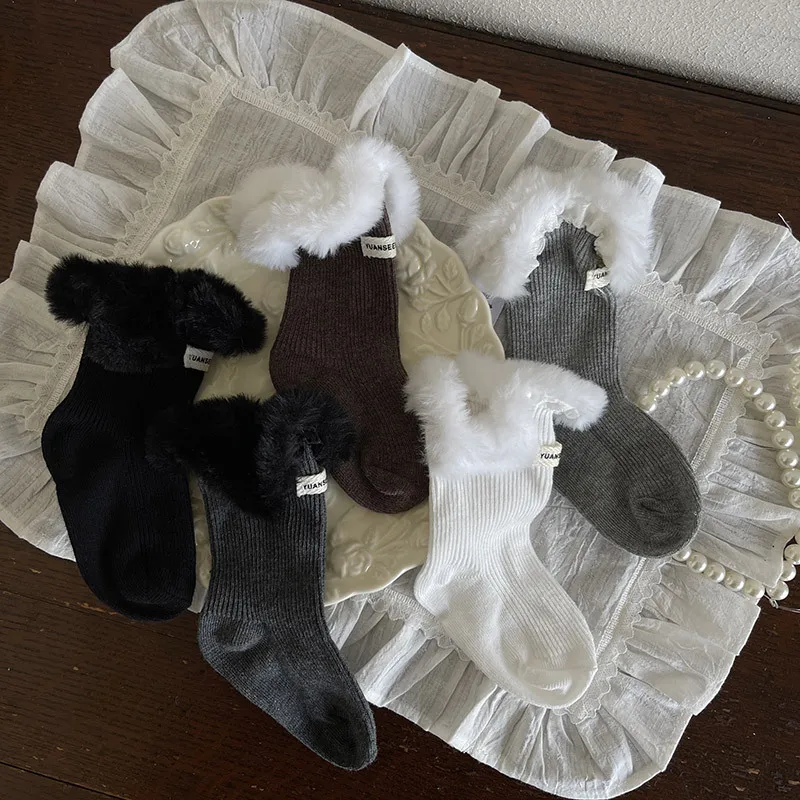 1 Pair Sweet Fuzzy Socks with Lace Trim Korean Style Furry Fashion Calf Socks for Kids New Autumn Winter Cute Cotton Crew Socks