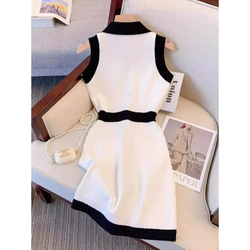 Polo Collar Sleeveless Knitted Dress Women's Slim Fit A Line Bodycon Skirt Female