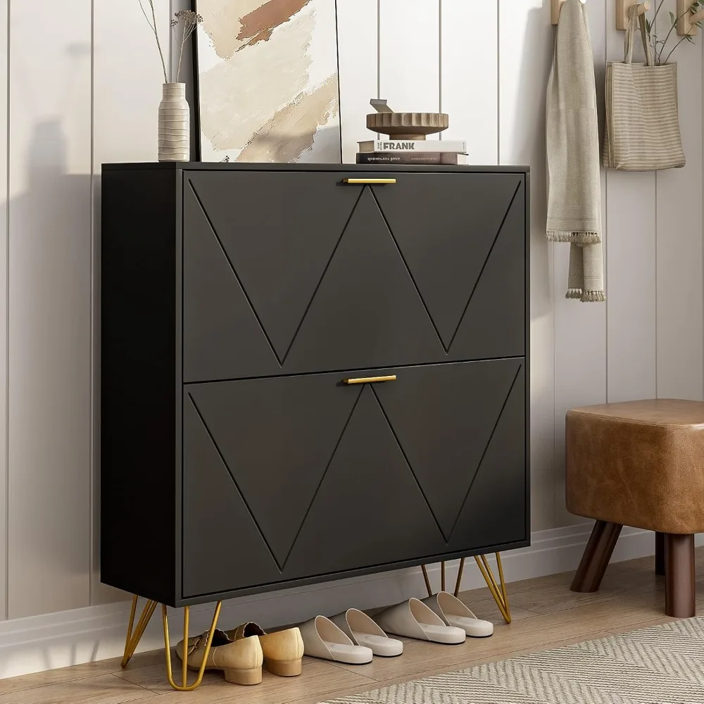 

Shoe Cabinet Storage for Entryway, Narrow Shoe Cabinet with 2 Flip Drawers,Freestanding Organizer with Fluted Panel