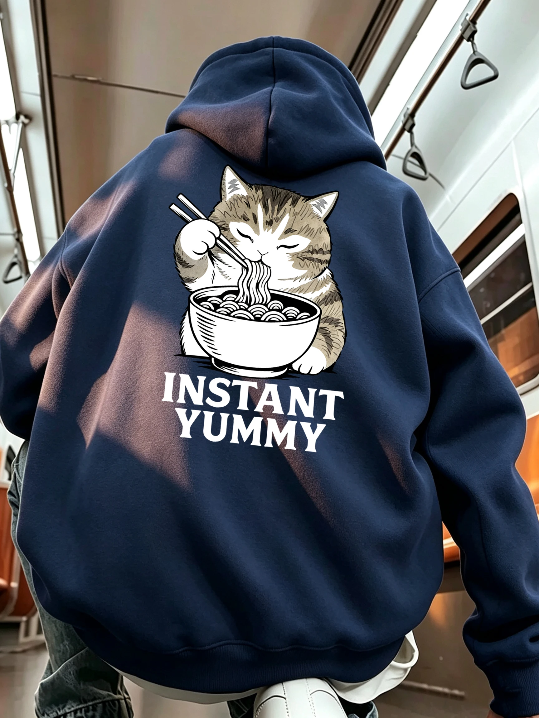 Kittens Eat Delicious Noodles Printing Men Basic Office Tops Soft Fleece Hoodies Pocket Loose Sportswear Casual Fashion Clothes