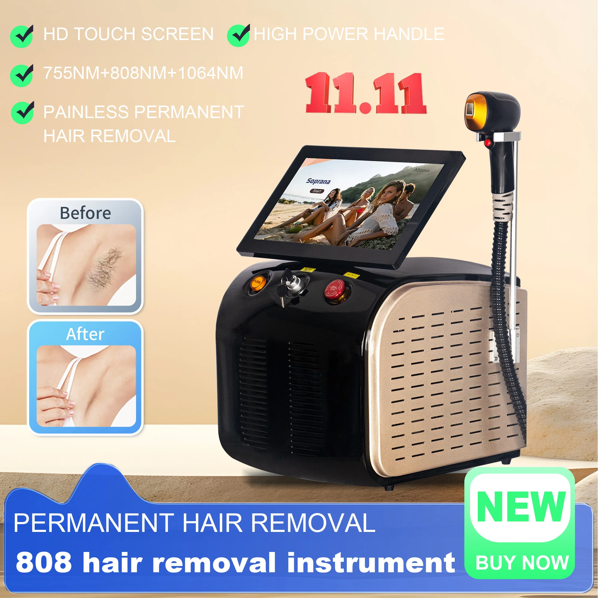 

Диодный лазер для удаления волос, профессиональный уход за машиной, удаление волос на лице и теле, охлаждение, 3 длины волны, 808 нм, машина для удаления волос