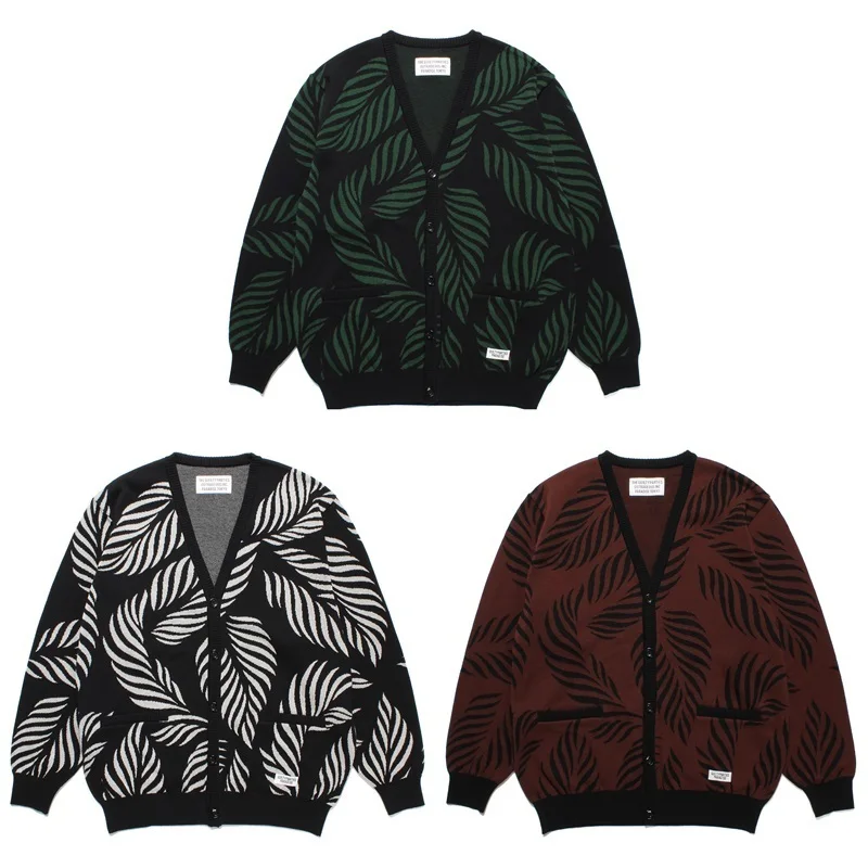 

WACKO Cardigan Japanese Style Men Women Leaves Covered in Prints Pure Cotton Sweaters