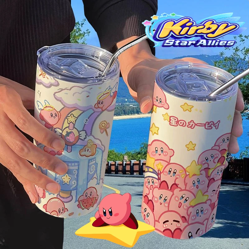 

Kirby Insulation Cup with Straw Coffee Cartoon Water Cups Student Anime Thermos Cup Travel Car Stainless Steel Drinking Mug Gift