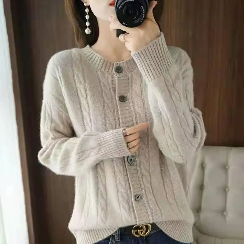 Women Autumn and Winter New Crew Neck Retro Solid Color Cardigan Button Sweater Loose Versatile Thicken Knit Long-sleeved Top