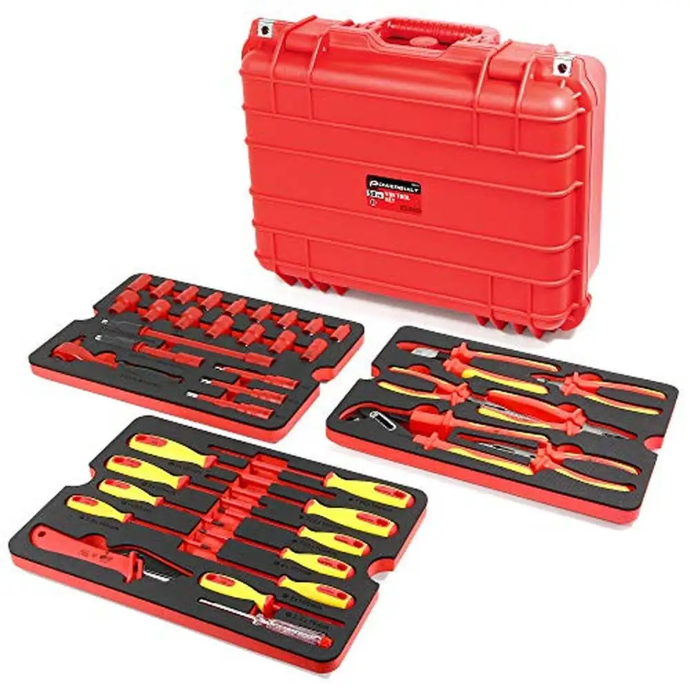 50 Pc. 1000V Insulated Electricians VDE Tool Set with Waterproof Case 3/8 in. Dr. Ratchet Socket Sizes 10-24mm Work Safer Work