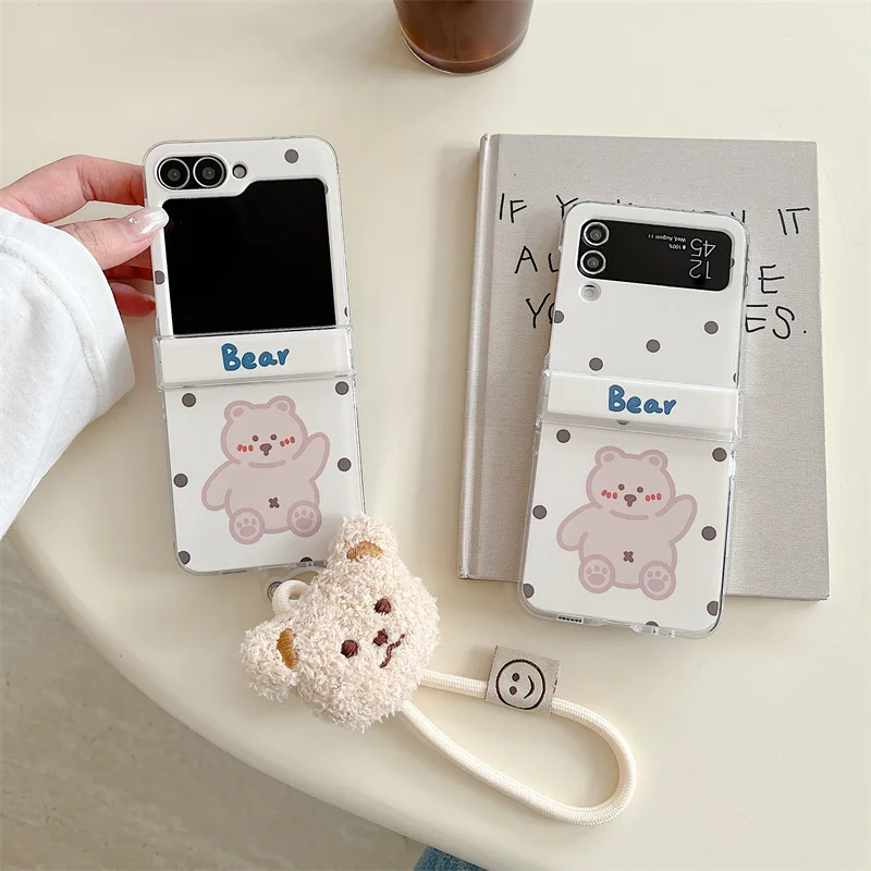 

Wave Point Bear Plush Lanyard for Samsung Galaxy Z Flip 7 6 5 4 Protective Back Cover for ZFlip5 ZFlip6 ZFlip7 Case Shell
