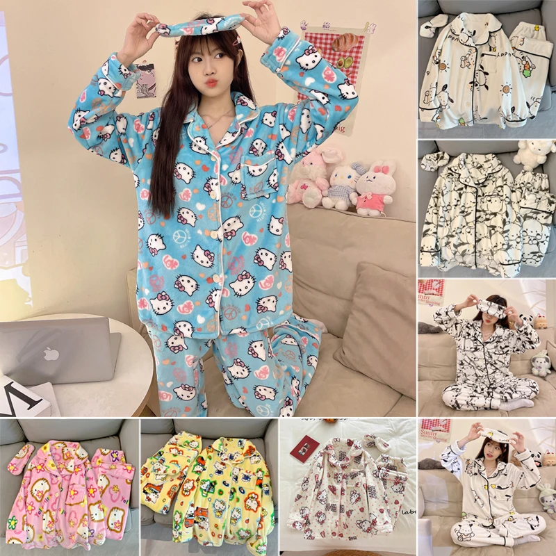 

Sanrio Women's Pajama Set Hello Kitty Pachacco Autumn Winter Coral Fleece Thickened Warm Homewear Set Pijama Long Clothes Pants