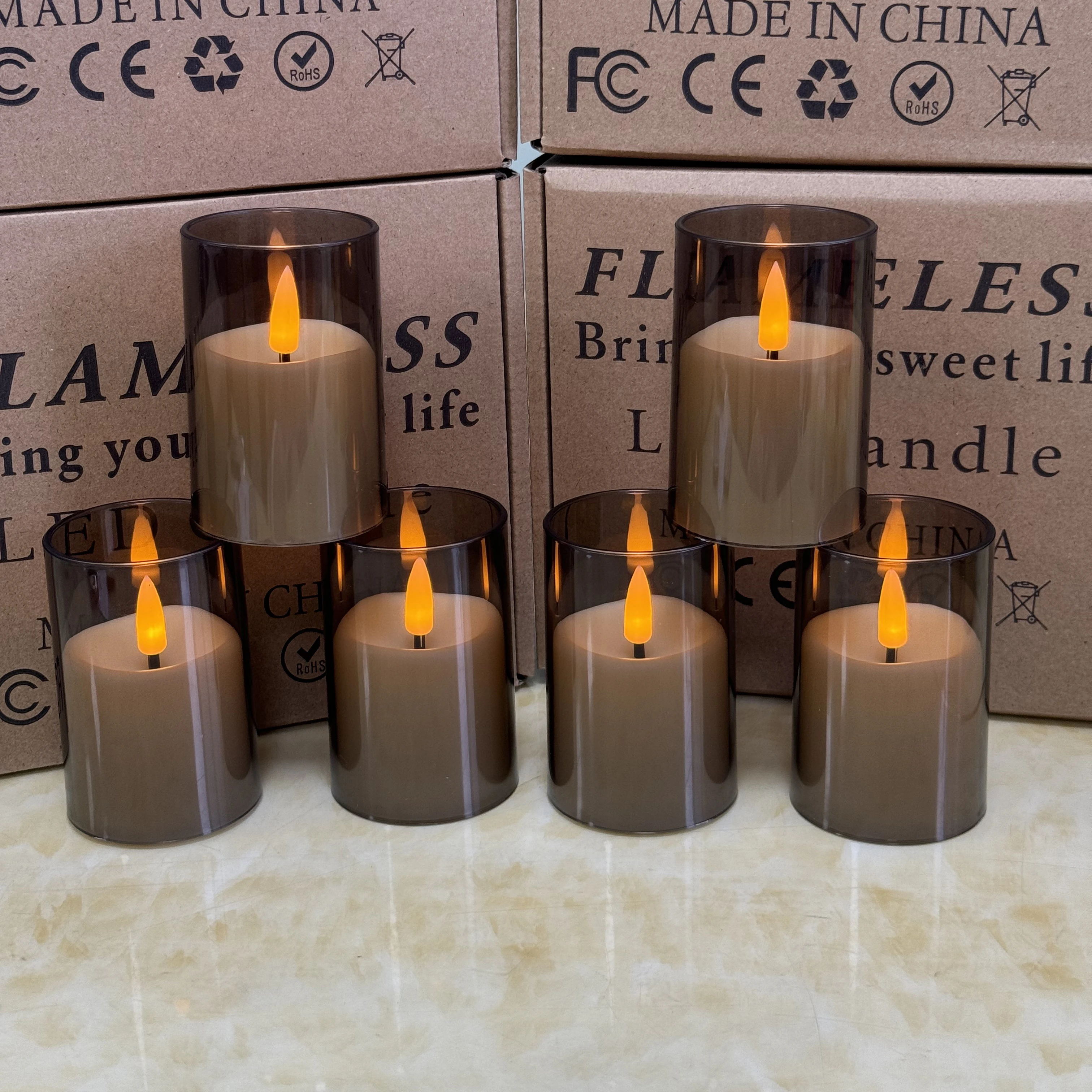 

6 шт. с дистанционным управлением, беспламенная свеча премиум-класса, серая небьющаяся акриловая поддельная свеча, имитирующая настоящие свечи (включая батарея)