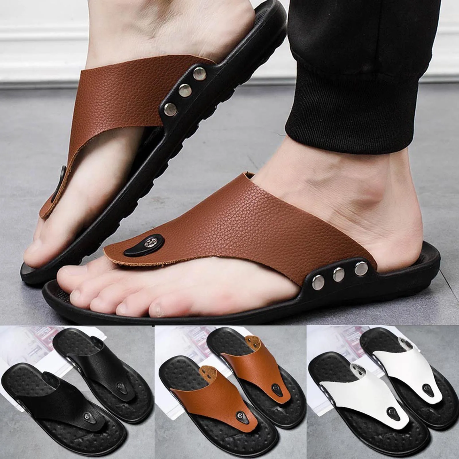 

Men'S Flip Flops Beach Slippers Sandals Summer Causal Trend Flat T-Strap Open Toe Slipper Leather Comfortable Soft Slippers
