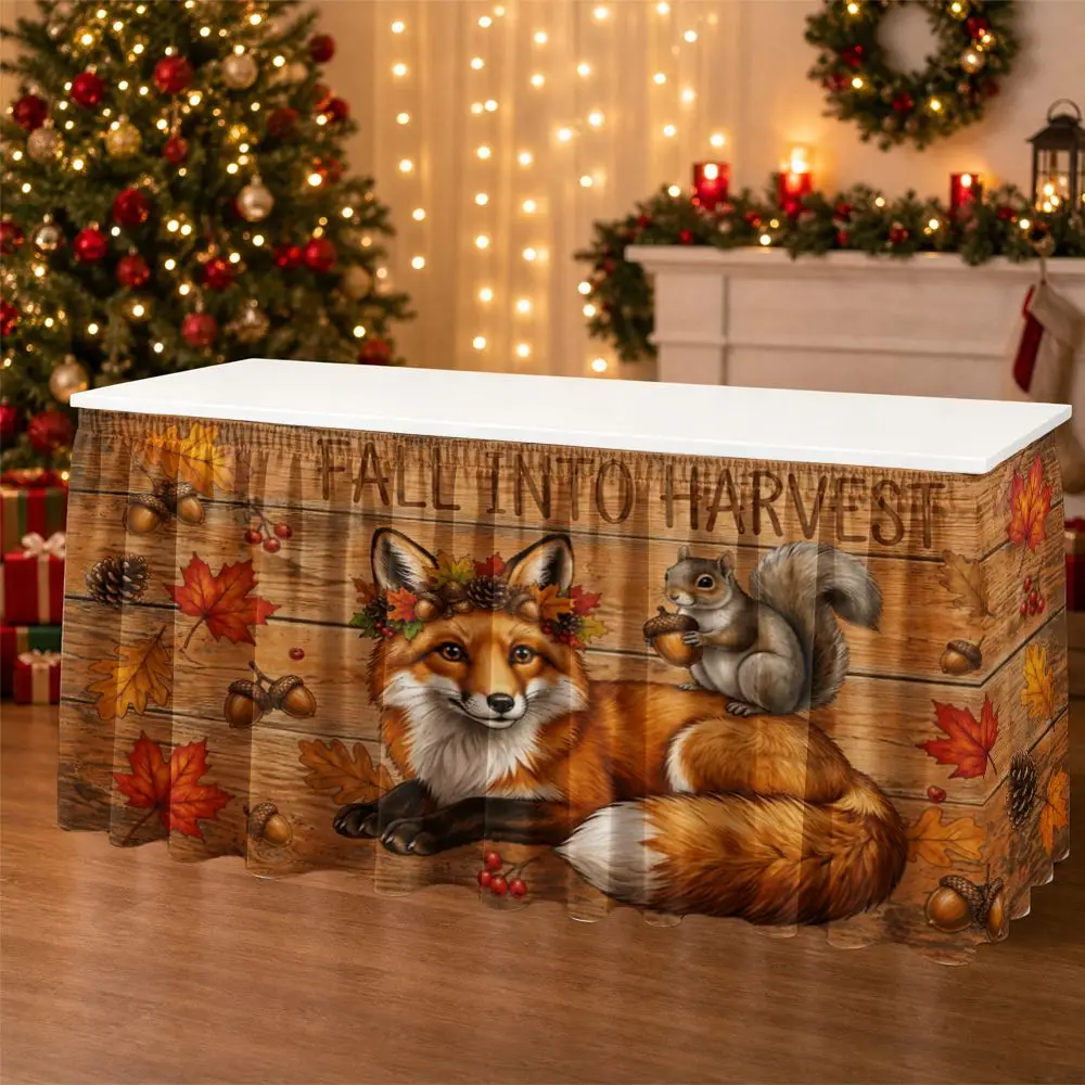 One autumn harvest festival tablecloth with a picture of foxes and squirrels depicting the autumn harvest.