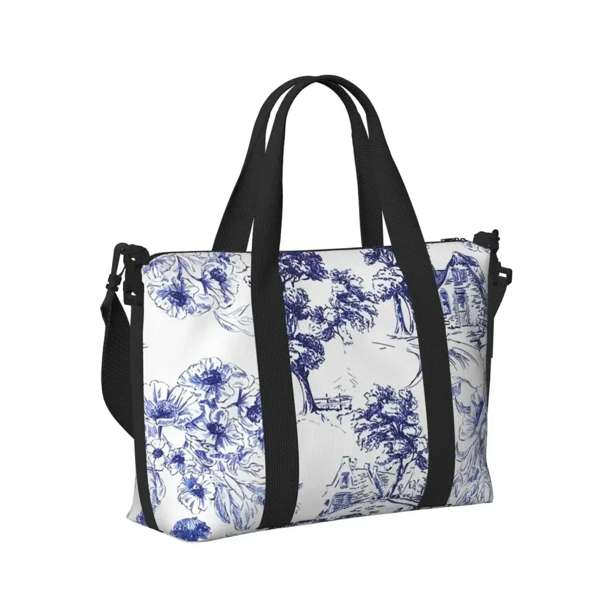 

French Toile De Jouy Navy Blue Motif Pattern 6 Beach Travel Bag Tote Bags for Gym Yoga Women Shopping Duffle Shoulder Bag