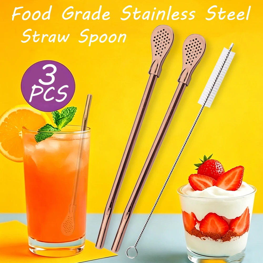 2Pcs Yerba Mate Bombilla Stainless Steel Straw Loose Leaf Tea Infuser Dringking Spoons Filter Stirring Straws W 1 Cleaning Brush
