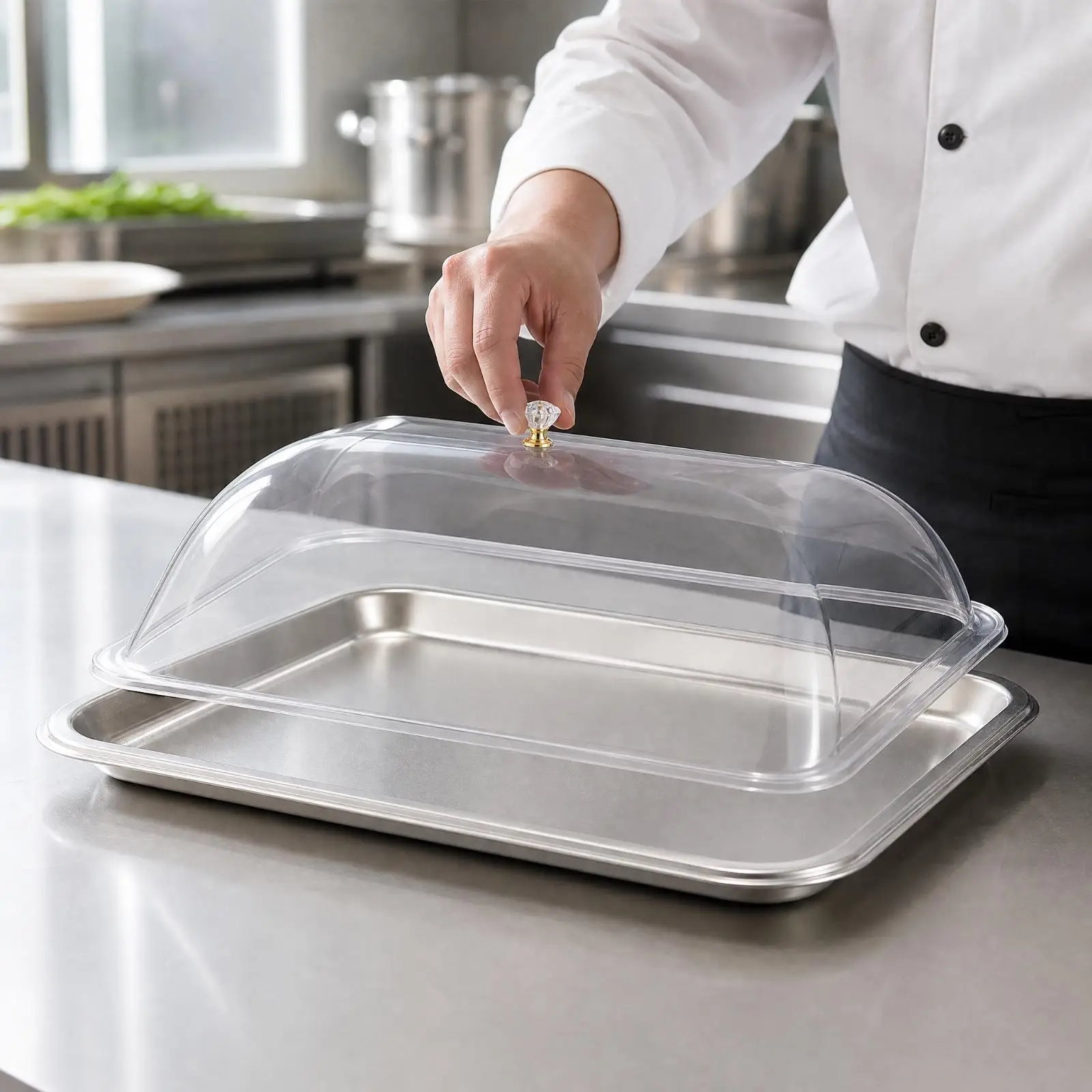 Baking Tray with Lid Rectangular Stainless Steel Serving Tray with Transparent PET Cover for Catering Buffets