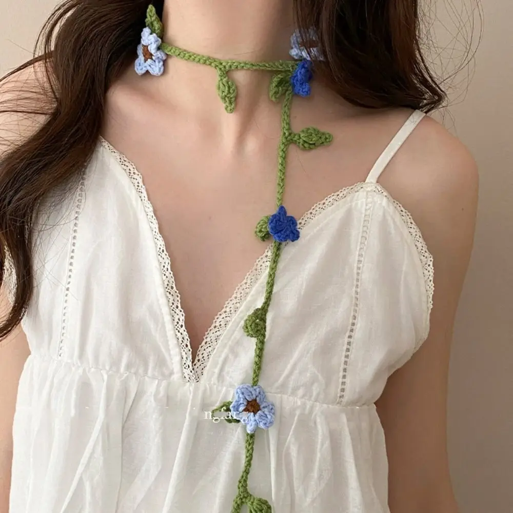 Casual Wool Knitted Scarf Handmade Crocheted Korean Style Rose Flower Shawl Thin Harajuku Style Knit Headband Outdoor