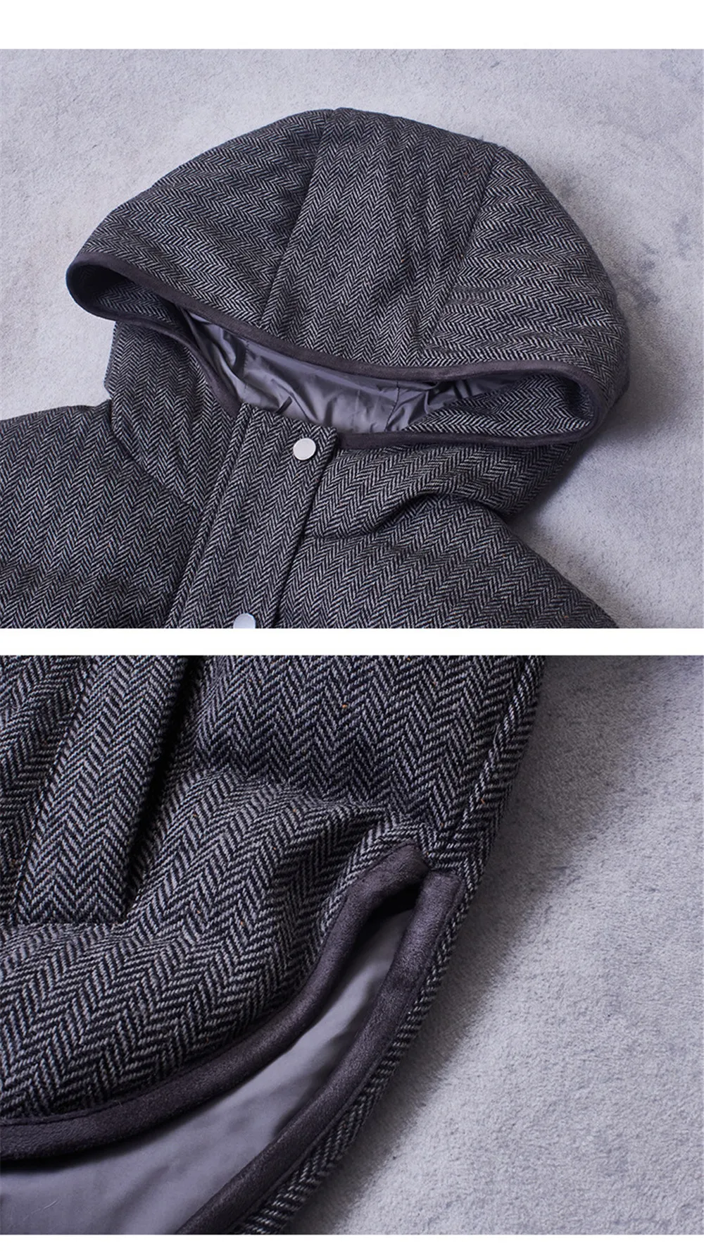 Winter Women's New Hooded Loose HerrinGbone Pattern Cardigan With Wool Splicing Goose Down Warm Down Jacket