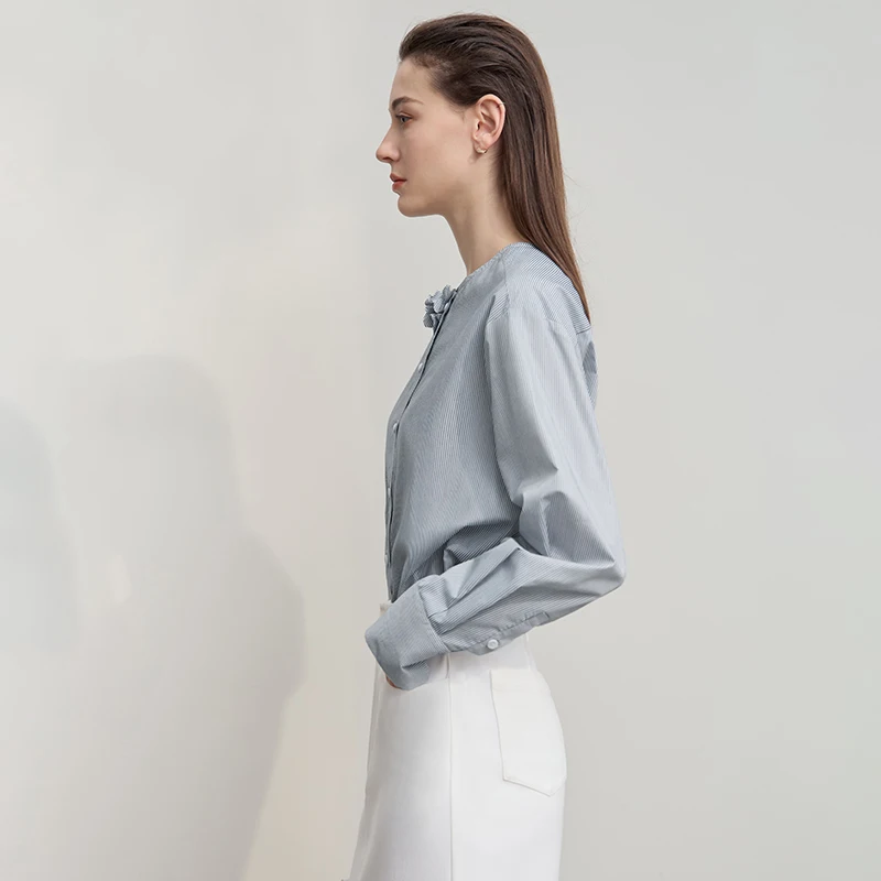 AMII 여성 셔츠 2025 가을 신상품 입체 장식 코튼 O넥 스트라이프 블라우스 루즈핏 탑 12543171