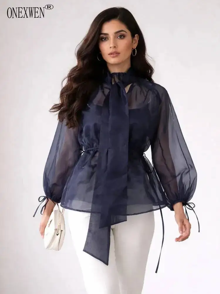 ONEXWEN 2026 New Navy Blue Organza Blouse For Women Sheer Bow Tie Neck Puff Long Sleeve Cinched Waist Peplum See-Through ZM5351