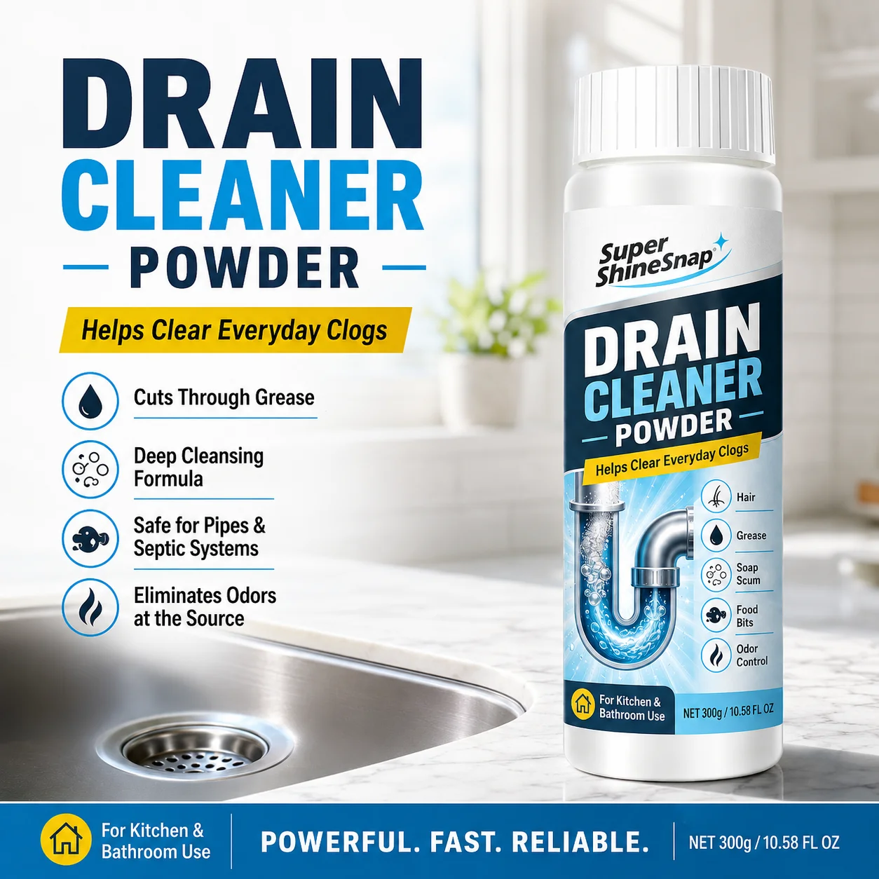 300g Drain Cleaner Powder for Kitchen and Bathroom Use, White Powder Drain Care Cleaner for Hair, Grease, Soap Scum, Food Bits and Odor Control, Easy Household Pipe Cleaning Supplies view 2