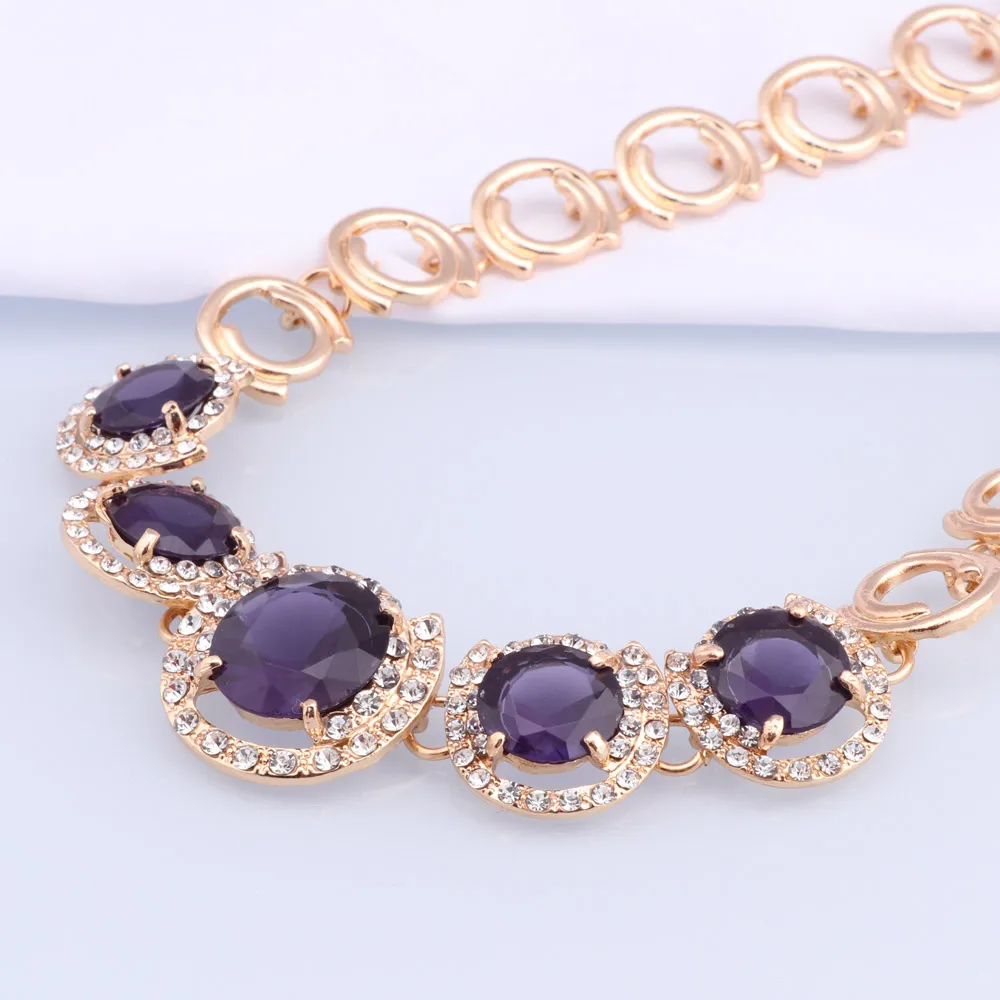 Fashion Dubai Women Gold Color Jewelry Sets Purple Necklace Earrings Bracelet Ring Sets Party Gifts