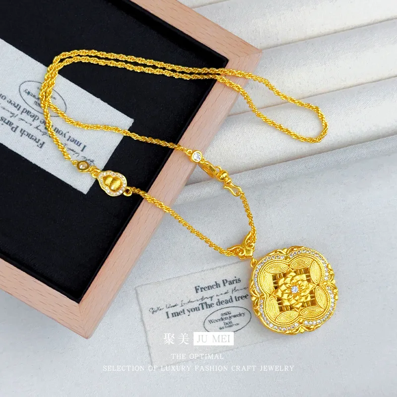 High-end 9999 24K real gold national charm peony pattern dot diamond brushed pendant necklace four boxes Ruyi clavicle chain