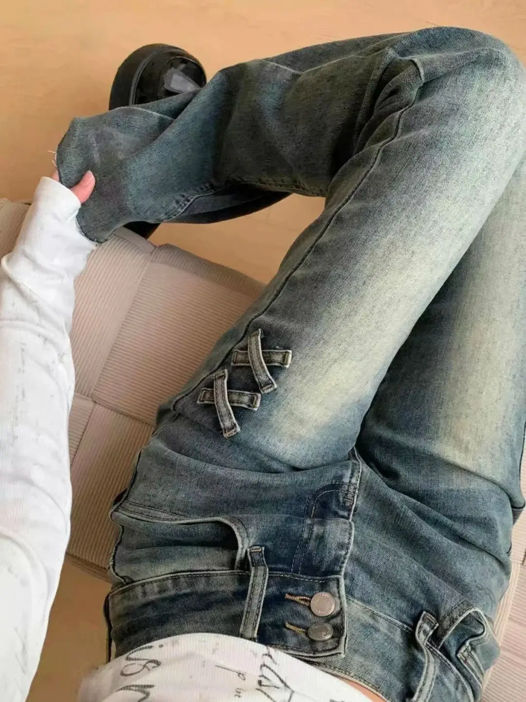 

Retro American Washed Distressed Slim Fit High Waist Denim Jeans Women's Spring New Style Bell Bottoms Wear Resistant