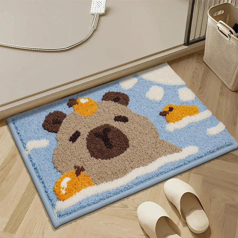 

1pcs Capybara Cartoon Flocked Bathroom Rug Absorbent Non-Slip Floor Mat for Shower Living Room Bedroom Anti-Skid Floor Mat