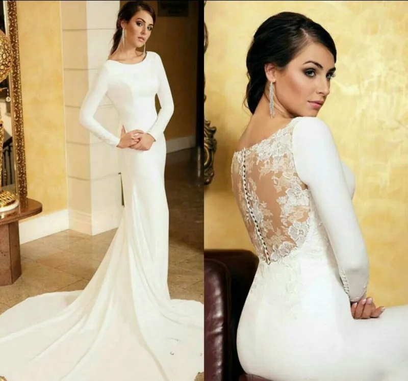 2021 Scoop Long Mermaid proste satynowe suknie ślubne koronkowe naturalne Slim suknie ślubne Custom Made formalne Robe De Mariee