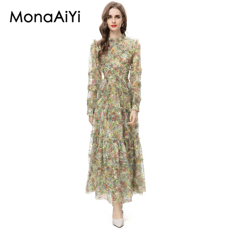 

MonaAiYi New Fashion Runway Designer Women's High Collar Long Sleeved Printing Lace Ruffle Edge Fold Slim Fitting Green Dresses