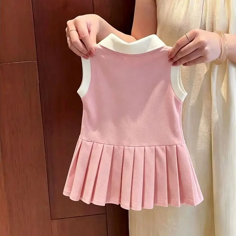 Girls Summer Dress New Fashion Kids Heart Embroidery Colorblock Collar Princess Sleeveless Tank Dress Toddler Clothing