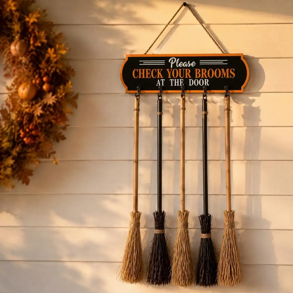 Halloween Broom Parking Sign Wooden Wall Hanging Sign Check Your Brooms with Hooks for Indoor Outdoor Front Porch Home Decor