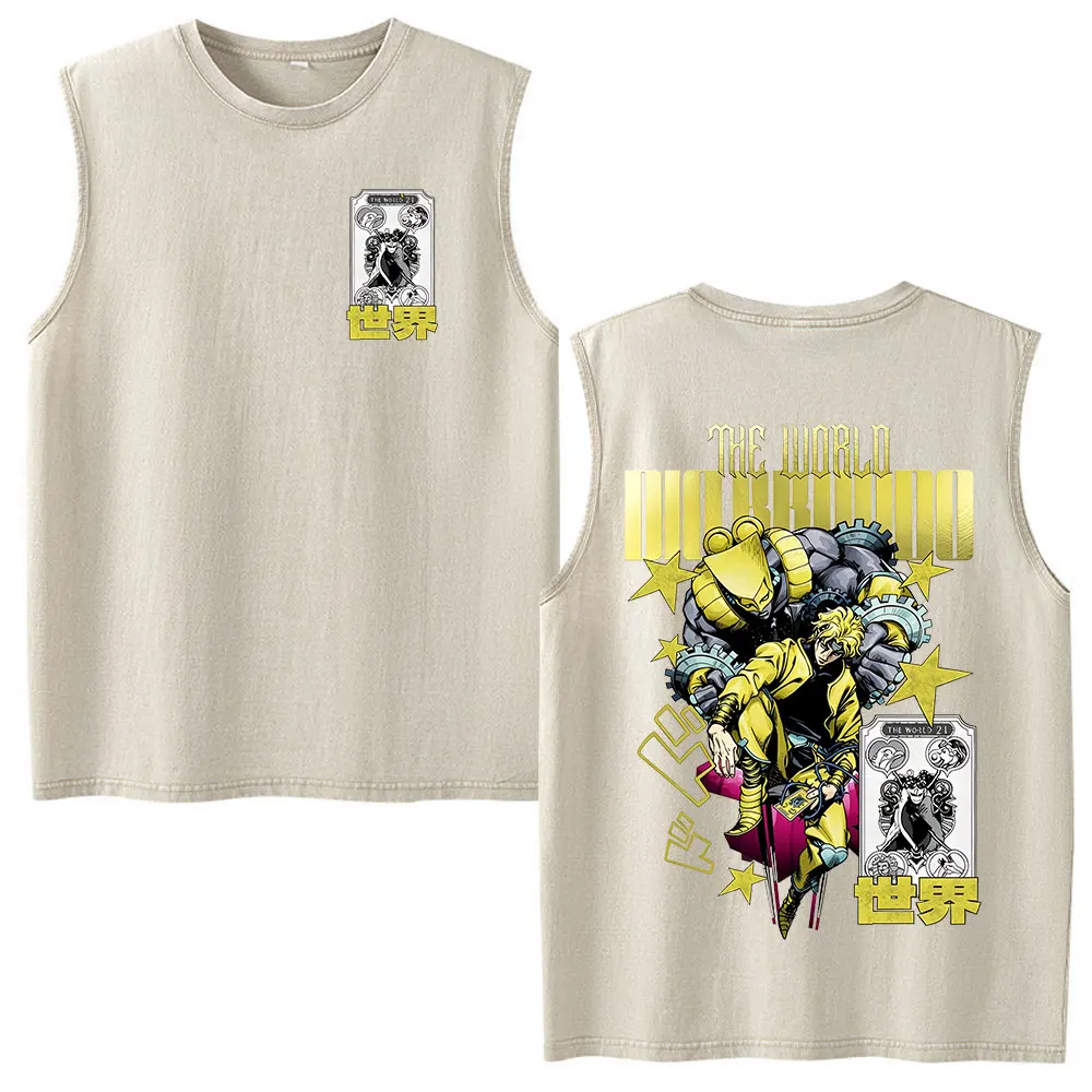 Anime Jojo Bizarre Adventure Dio Brando The World Vintage Washed Tank Tops Men Women Clothing Cotton Sleeveless Vest T-shirts