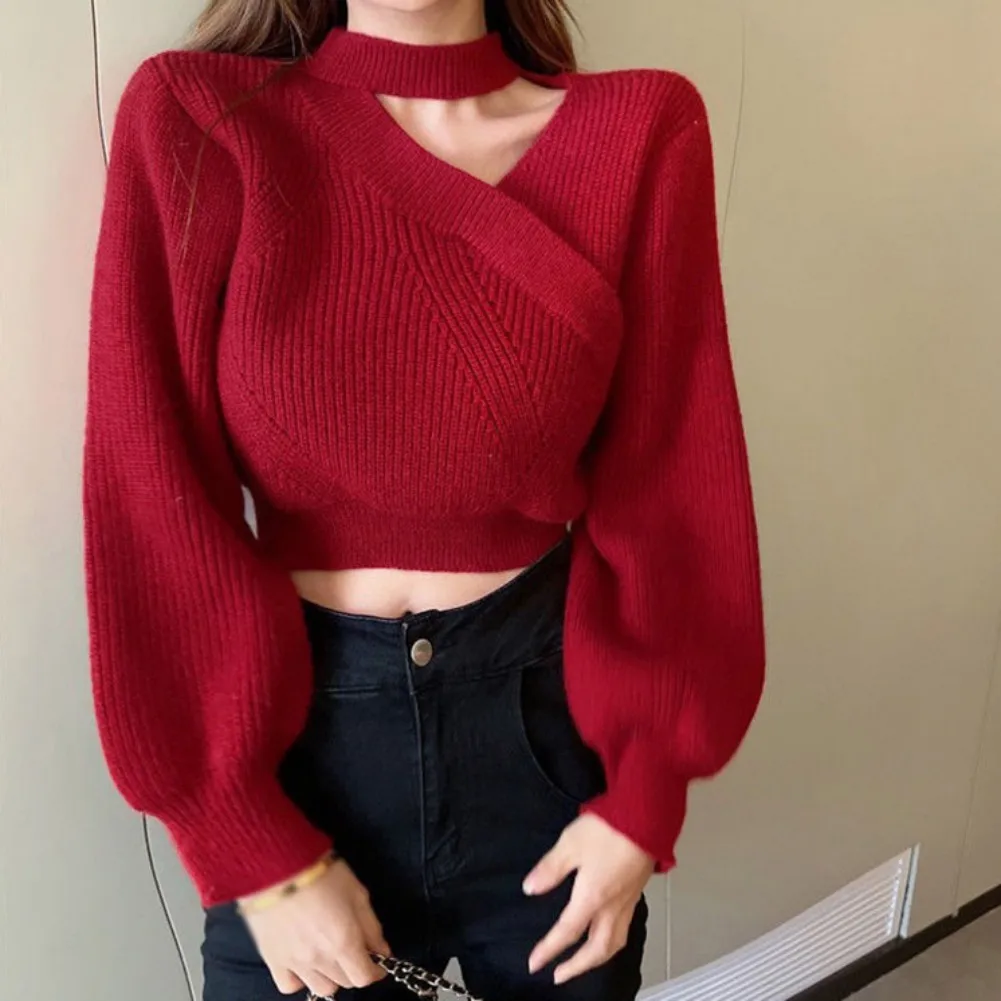 Women\'s Fall Winter Wrap V Neck Sweater Balloon Sleeves Ribbed Knitted Pullover Loose Jumper Tops