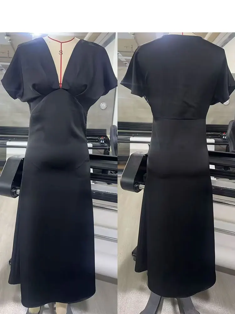 Elegancka letnia sukienka midi z satyny o jedwabnym wykończeniu dla kobiet, krótkie rękawy, dekolt w serek, gładka, plisowana, wiosenna, modna, dopasowana sukienka.