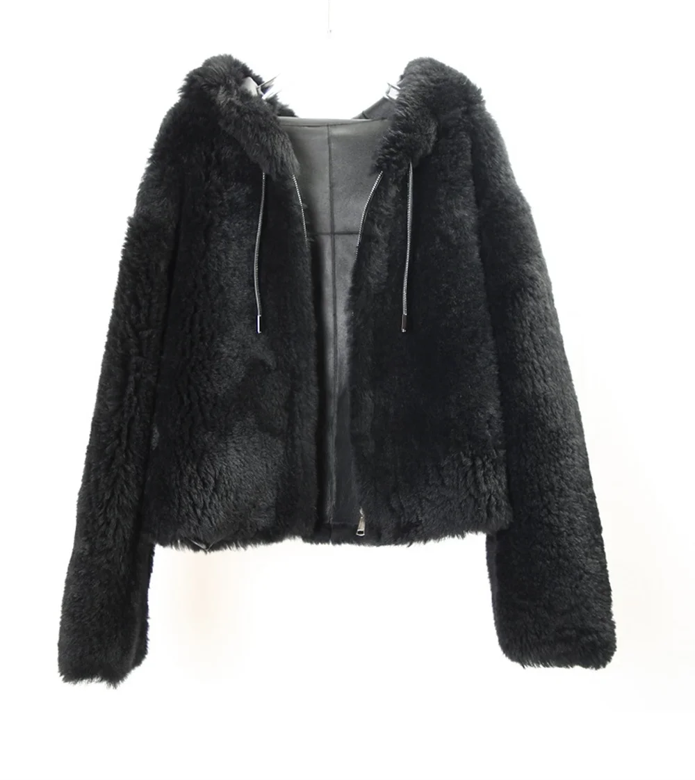 only black color 2024 Mongolia Bazaar Lamb Fur Shearling Jacket Women Casual Hooded Winter Real Fur Clothes