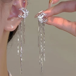 Fashion Shiny Zircon Moon Star Long Tassel Ear Clip No Piercing Earring Trendy Design Luxury Female Ear Cuff Party Jewelry