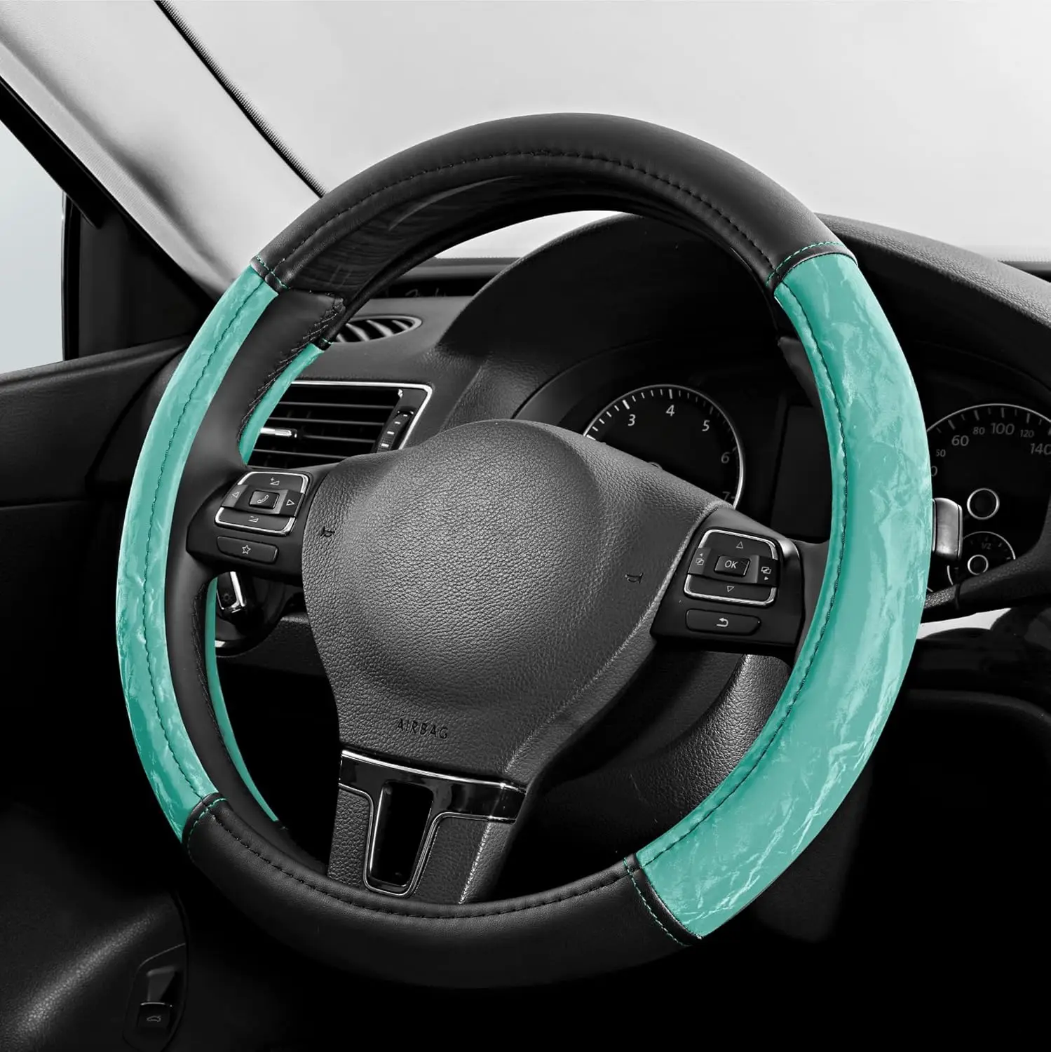 

Silk Grain Leather Steering Wheel Cover, Comfortable Grip, Universal 14.5-15.5 Inch Anti-Slip Protector for Cars