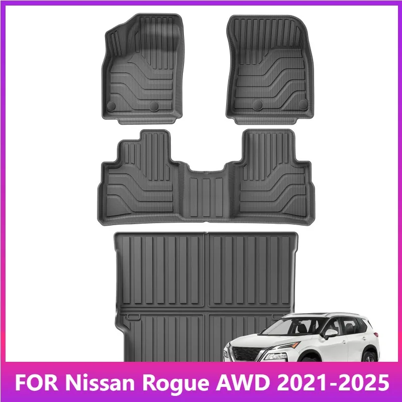 

Для Nissan Rogue AWD 2021-2025 TPE 3D автомобильные коврики, аксессуары для багажника, черные (не для Select и спортивных моделей)