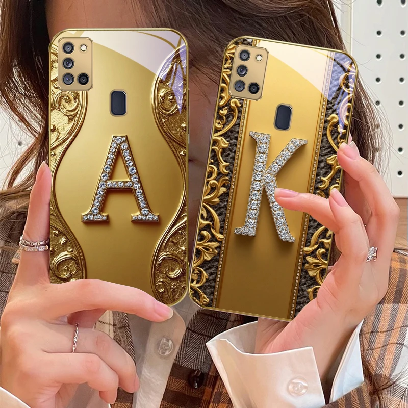 ダイヤモンドがちりばめられた「K」付きゴールデンガラス製スマ - Phone Cases A14 Samsung のレビューと価格
