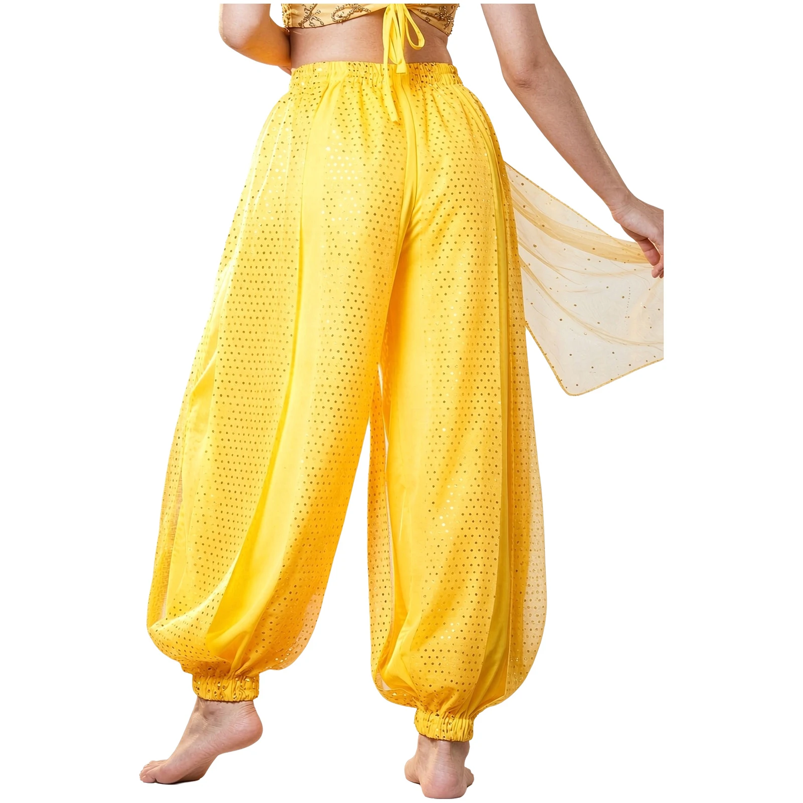 Women Belly Dance Sparkly Bloomers Pants Indian Dance Pants Sequined Mesh Layer Elastic Waist Jogging Pants for Stage Dancewear