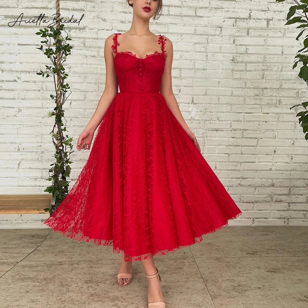 

Arietta Elegant Red Lace Midi Prom Dresses Sweetheart Spaghetti Straps Tea-Length A-Line Wedding Party Dresses Evening Gowns