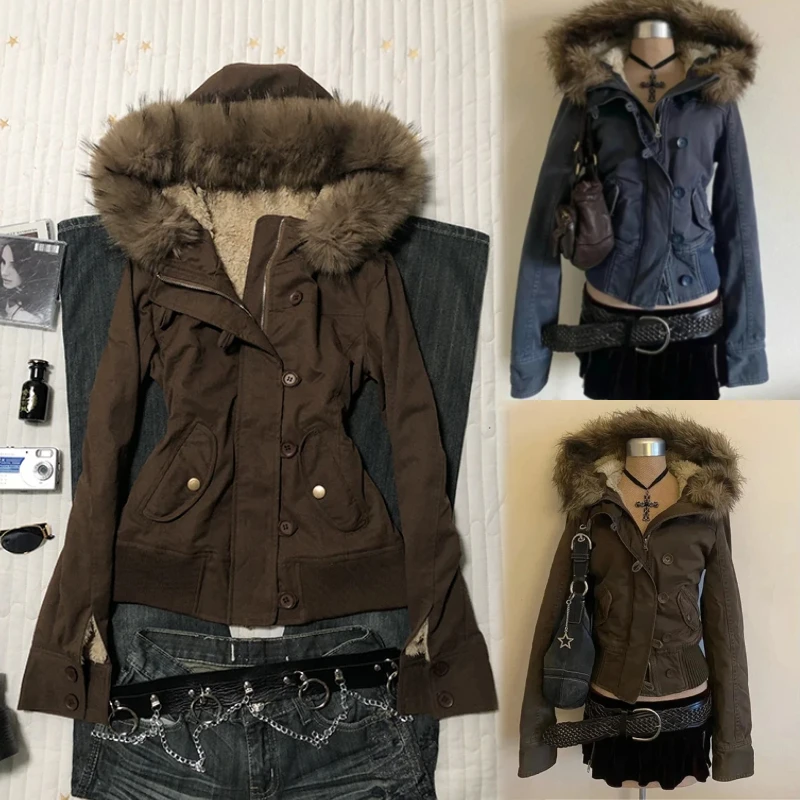 American Vintage Y2K Faux Fur Parka Women Retro Cotton‑padded Jacket Korean Style Windproof Warm Casual Winter Outerwear Coat