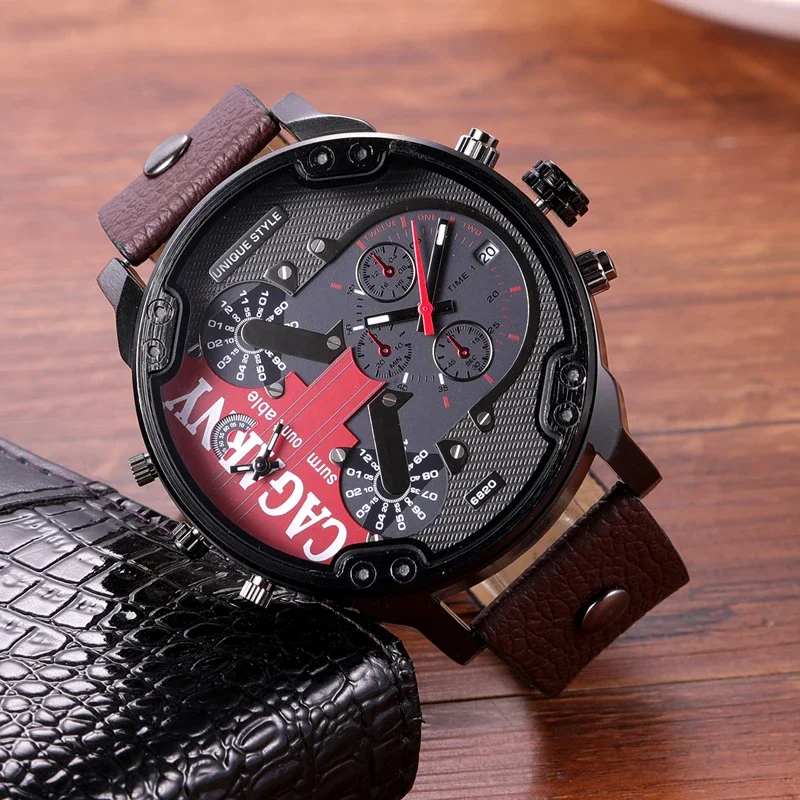 Men Luxury Watch Cool Big Case Quartz Watch for Men 2 Time Zones Watches Leather Casual Military Relogio Masculino Male Clock