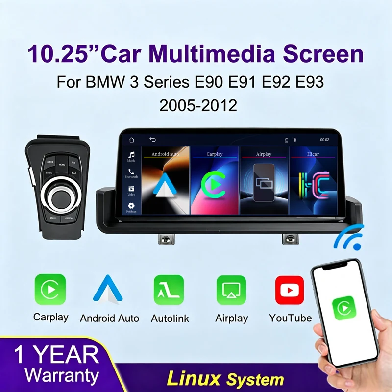 Compatible avec BMW Série 3 E90 E91 E92 E93 2005-2012 Système Linux Équipé d'un écran tactile IPS amélioré de 10,25 pouces, conserve les fonctions d'origine du constructeur. Prend en charge le CarPlay sans fil et l'Android Auto, navigation sur grand écran haute définition sans latence 1